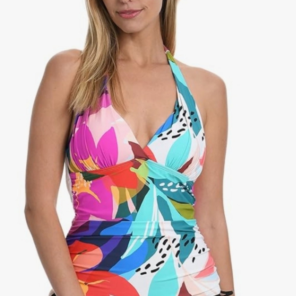 LA BLANCA Eclectic Shore Tropical V-Neck Halter Tankini Swim Top NWT